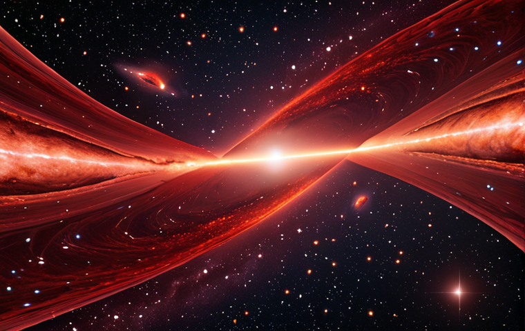 **Cosmic Redshift Visualization:** An artistic rendering of galaxies receding, showcasing the redshift effect. Varying shades of red shift in light waves emanating from distant galaxies, against a backdrop of the expanding universe. Incorporate elements of Hubble's telescope imagery and the concept of Doppler effect.