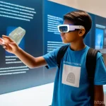 가상 현실과 증강 현실 기술 - A young, diverse student, aged around 15, wears sleek, modern augmented reality (AR) glasses. They a...