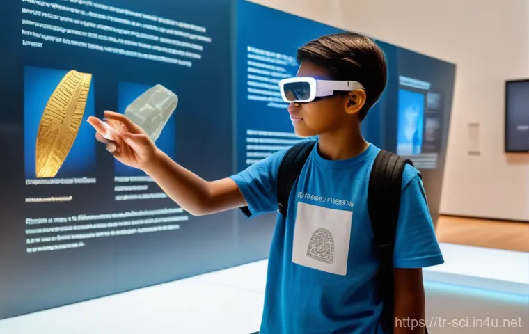 가상 현실과 증강 현실 기술 - A young, diverse student, aged around 15, wears sleek, modern augmented reality (AR) glasses. They a...